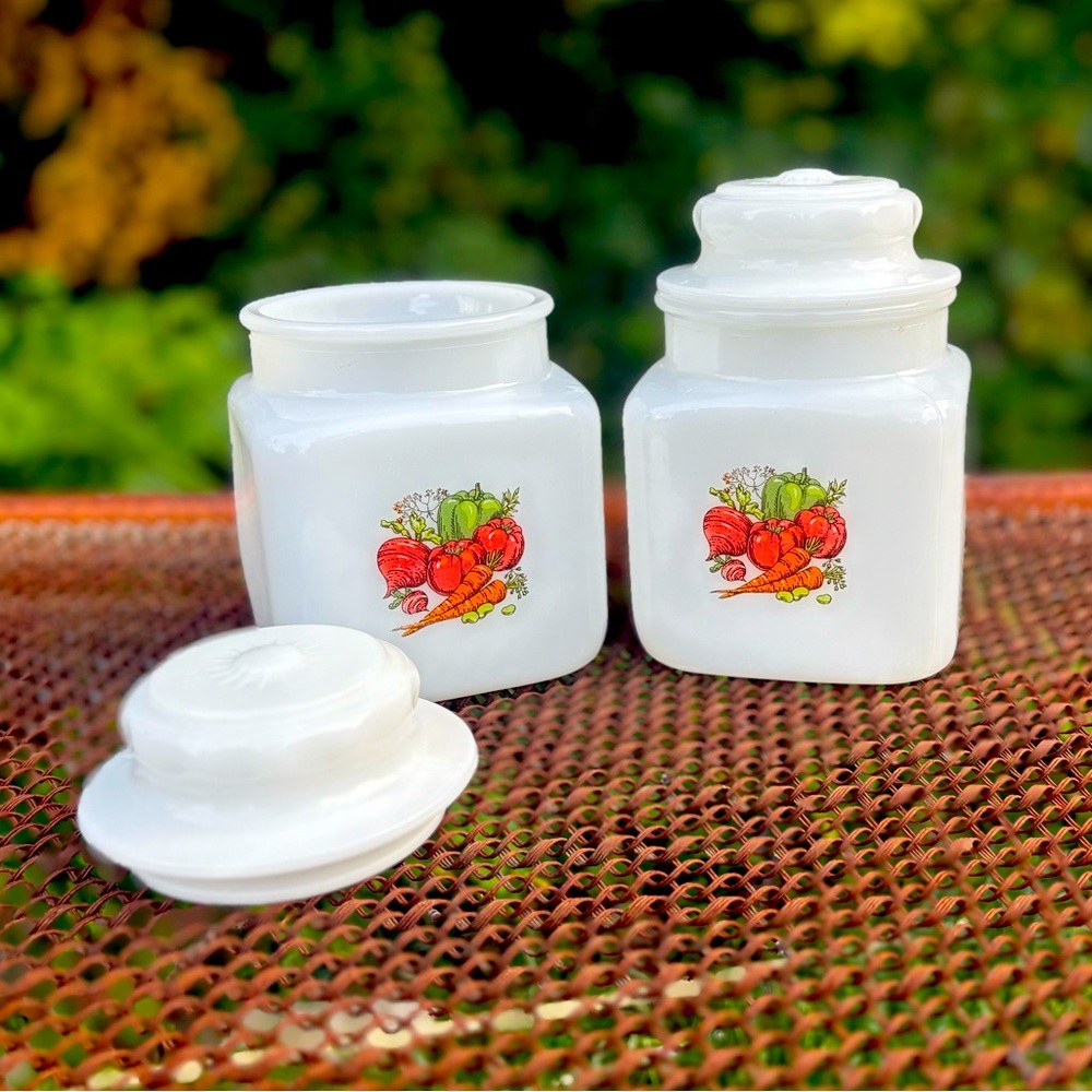 Two Vintage Glasbake Milk Glass Vegetable Spice of Life Large Canisters